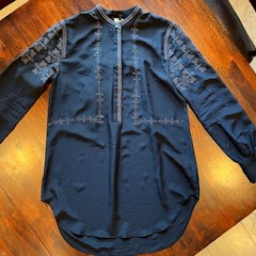 Madewell Silk Embroidered Black Tunic Blouse Small Silk Long Sleeve SZ. XS
